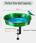 Heavy Duty Deck Mounted Bird Bath And Feeder For Patio Rails 11.5 Inch Sturdy Metal Basin featuring adjustable clamp and 0.7 gallon capacity.