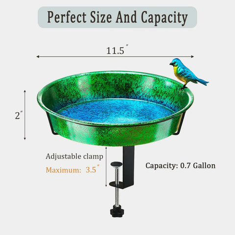 Heavy Duty Deck Mounted Bird Bath And Feeder For Patio Rails 11.5 Inch Sturdy Metal Basin featuring adjustable clamp and 0.7 gallon capacity.