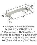 Diagram of Contemporary Satin Nickel Cabinet Pull Rift Finish With Four And A Quarter Inch Overall Length And Three And Three Quarters Inch Center To Center Mounting Holes dimensions.