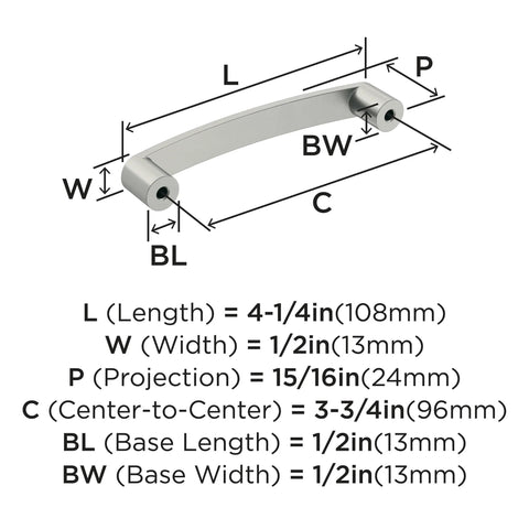 Diagram of Contemporary Satin Nickel Cabinet Pull Rift Finish With Four And A Quarter Inch Overall Length And Three And Three Quarters Inch Center To Center Mounting Holes dimensions.