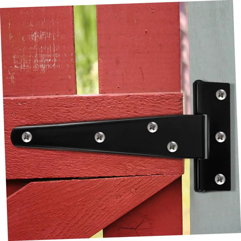 Eight Pack 5 Inch Galvanized Black Tee Hinges For Cabinets And Shed Doors, Heavy duty metal hinge on red wood door