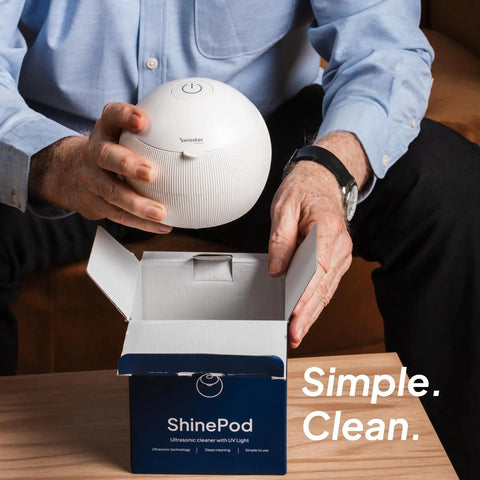 ShinePod Ultrasonic Retainer Cleaner With UV Light For Dental Pods Quick 5 Minute Deep Clean Bacteria Virus Plaque Removal Chemical Free Sanitizer For Braces Retainers And Aligners, white pod in box