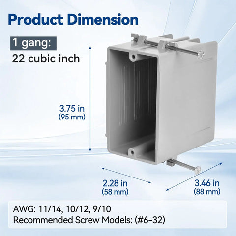 1 Gang New Work PVC Electrical Box For Switch GFCI And Dimmer Installations 22 Cubic Inch UL Listed Impact Resistant with dimensions