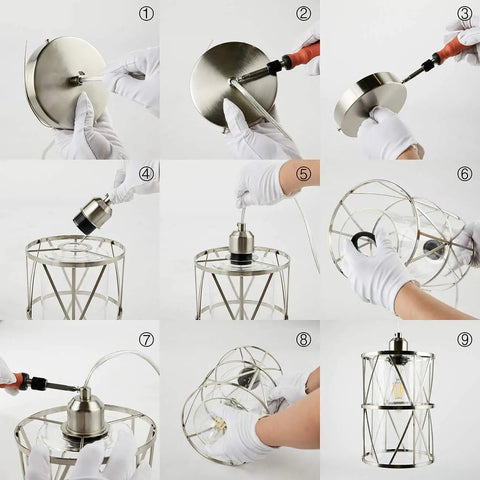 Step-by-step assembly of Modern Cylindrical Pendant Light With Dual Shade In Brushed Nickel And Clear Glass For Kitchen Island Sink Dining Room Bar And Foyer Sleek Industrial Style Lighting For Modern Kitchens And Dining Areas