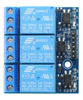 Front view of Three Channel 5V Relay Module With Optocoupler Isolation for Arduino Projects, 63x42mm expansion board.
