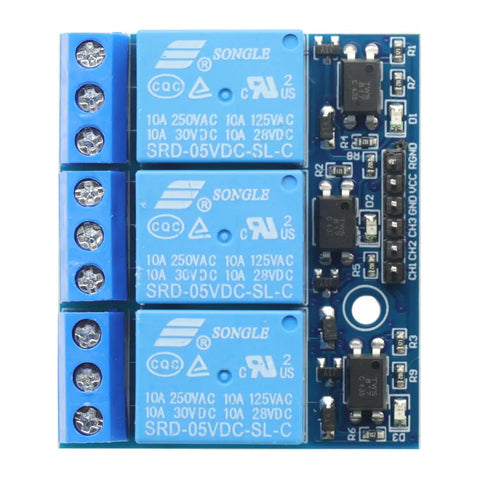 Front view of Three Channel 5V Relay Module With Optocoupler Isolation for Arduino Projects, 63x42mm expansion board.