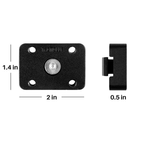 Mounting Bracket Base For MOLLE Panels 2 Pack Ready To Roll Universal Adapter For Fire Extinguisher Mounts Gun Racks And Gas Can Holders Fits 1 To 1.7 Inch MOLLE Slots With Durable Load Bearing, shown with dimensions.