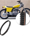 Beefed-Up CVT Motorcycle Drive Belt 3M38412 For 128T, 384mm Length, 12mm Width, Power Transmission Replacement Belt For Bikes, Durable Timing Belt For Smooth, Reliable Daily Rides. Black CVT motorcycle drive belt shown with yellow bike and close-up groove detail.