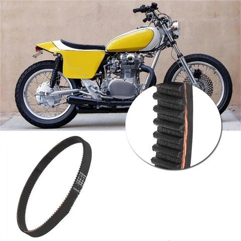 Beefed-Up CVT Motorcycle Drive Belt 3M38412 For 128T, 384mm Length, 12mm Width, Power Transmission Replacement Belt For Bikes, Durable Timing Belt For Smooth, Reliable Daily Rides. Black CVT motorcycle drive belt shown with yellow bike and close-up groove detail.
