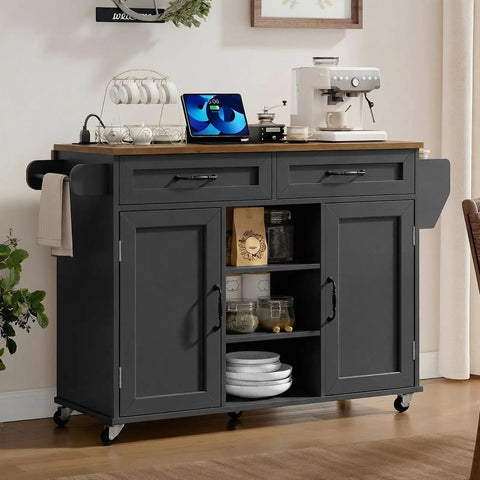 Ultimate Home Kitchen Island With Built In Power Outlets And Drop Leaf Go To Sturdy Black And Rustic Brown Kitchen Cart