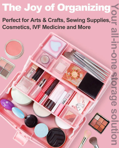 12 Inch 3 Layer Plastic Storage Organizer Box With Handy Handle Portable Folding Tackle Box Adjustable Dividers All In One Case For Sewing Arts Crafts Medicine Tools White Pink, shown open with organized compartments.