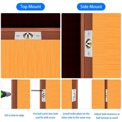 Installation steps for 4 Pack Drive In Ball Catch For Closet Doors With Strike Plate Adjustable Tension Heavy Duty Stainless Steel And Brass Hardware 13/16 Inch By 1-1/8 Inch Durable Copper Cast Ball Solid Construction Easy Install