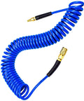 Polyurethane Recoil Air Hose One Quarter Inch Inner Diameter By Twenty Five Feet With Bend Restrictor And Industrial Quick Coupler And Plug Blue