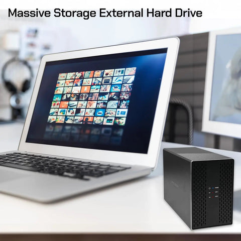 Top Shelf Dual Bay Usb 3.0 External Hard Drive Yields Knockout 44Tb Storage for desktop setup with laptop and images on screen.