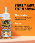 Front view of Gorilla Glue Clear bottle, 3.75 oz, white bottle with orange label and nozzle