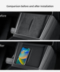Before and after installation of Tesla Model Y Juniper Center Console Qi Wireless Charging Pad with Non Slip Silicone Mat