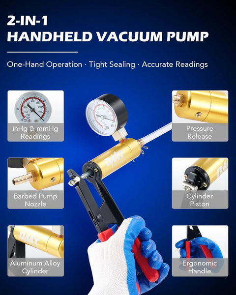 DIY Brake Bleeder Kit With Hand Vacuum Pump And Adapters, Universal Tool showing gauge, pump nozzle, and ergonomic handle