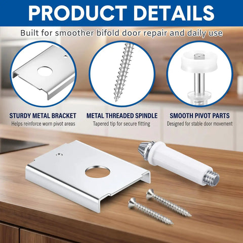 Close-up of 8 Pack Bifold Closet Door Repair Kit showing metal bracket, screws, pivot parts for DIY repair.