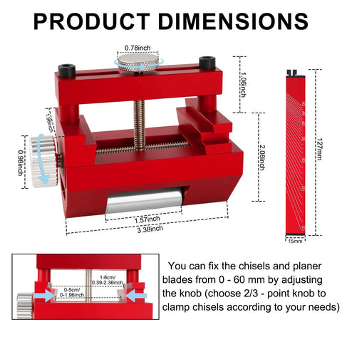 Product dimensions of All In One Chisel Sharpening Kit With Honing Guide And 400 1000 Grit Diamond Stones Non Slip Base And Angle Guide Plus Hex Key And Storage Bag For Sharp Chisels And Plane Blades showing red honing guide with measurements.