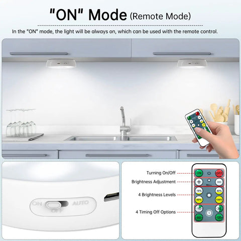 Remote control for puck lights with charging station 4 pack, motion sensor under cabinet closet lighting in kitchen setting.