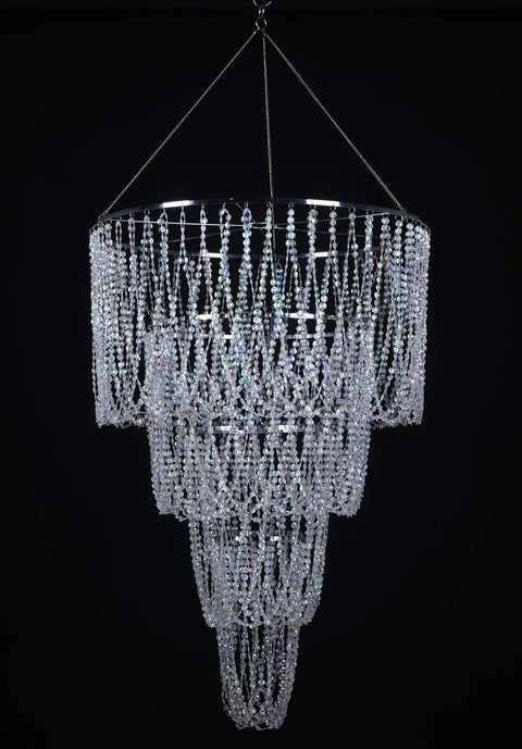 Four Tier Large Wedding Chandelier With Faux Crystal Iridescent Beaded Swag, 24 Inch Wide By 36 Inch Long, Showstopper Centerpiece