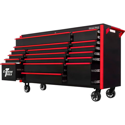 Massive Seventy Two Inch Rolling Tool Chest With Seventeen Deep Drawers Magnetic Locking Wheels Professional Grade Garage Workstation In Tough Black Build Featuring Classic Red Pulls side view