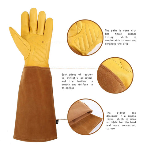 Long Rose Pruning Gloves For Women And Men, Anti Stab Garden Gloves, heavy duty full grain cowhide leather, yellow-brown color
