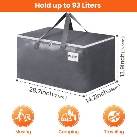 Beefy Heavy Duty Moving Bags Set 6 Pack 93L Storage Bags With Zippers Lids And Grippy Handles showing size and usage icons
