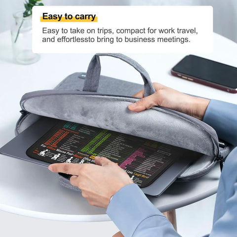 Person inserting Portable Mouse Pad With Excel Word PowerPoint Windows Shortcuts Cheat Sheet for Office and Gaming, 11.8 by 9.8 Inch into a grey laptop case.
