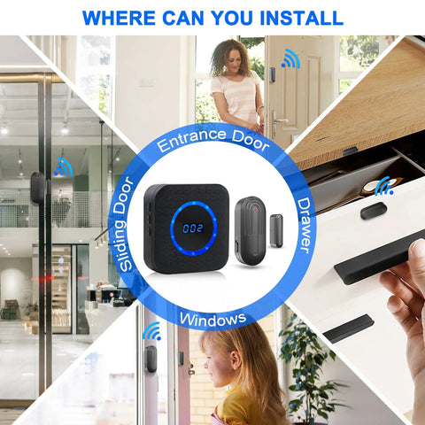 Wireless Door Chime for Home and Office, Easy Plug In Receiver, No Wiring, Door Window Sensor, 500 Ft Range, 55 Chimes, 5 Volume Levels, Adjustable Number Display, Simple Setup, Real Time Alerts on doors and windows