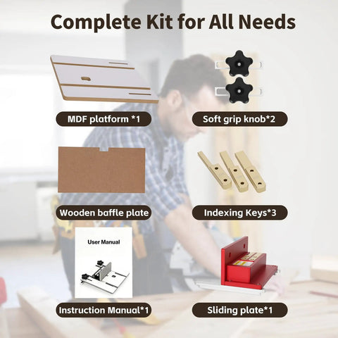 Complete kit for Router Table Box Joint Jig With Brass Indexing Keys Three Sizes 1/4, 3/8, 1/2, showing MDF platform, knobs, keys.