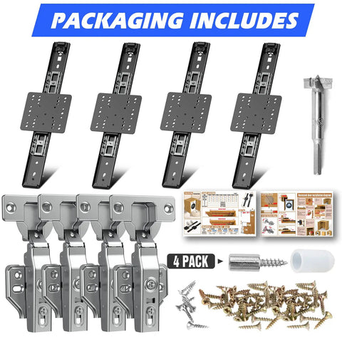 Industrial Grade Sliding Hidden Door Track Featuring Butter Smooth Gliding Pocket Door Hardware And Solid Steel Ball Bearings For Cabinet And Recessed Wall Doors 22 Inch Dual Set with installation kit components.