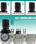 Heavy Duty Three Stage Air Dryer With Three Quarter Npt Connector For Industrial Compressors showing pressure adjustment steps with self-locking mechanism.