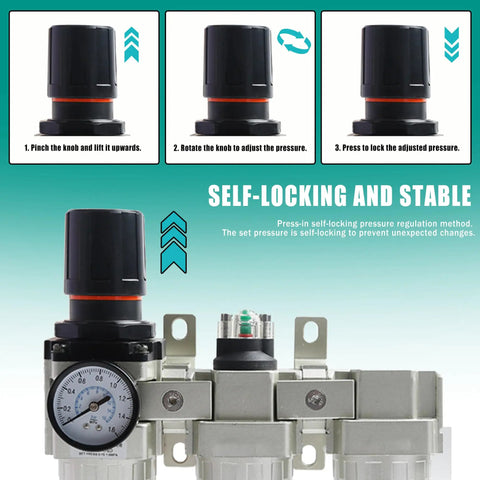 Heavy Duty Three Stage Air Dryer With Three Quarter Npt Connector For Industrial Compressors showing pressure adjustment steps with self-locking mechanism.