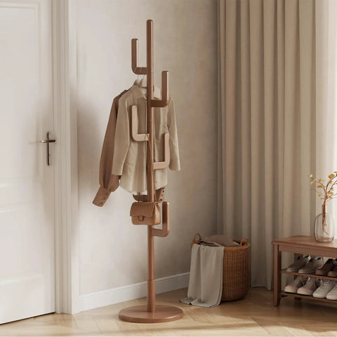 Cactus Style Solid Wood Coat Rack With Six L Shaped Hooks Freestanding Walnut Coat Tree in a modern living room