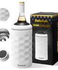 Double Wall Vacuum Insulated Wine Bottle Chiller Keeps Your Sip Dead Froze For Six Hours Skip The Ice Water Drama Sleek Stainless Steel Vessel Fits Standard Seven Fifty Ml Red White Rose Or Champagne Bottle in white with packaging.