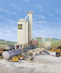 HO Scale Black Gold Asphalt Hot Mix Plant Kit For Model Railroading with oil tanks, conveyors, and mixing bin in scenic setting