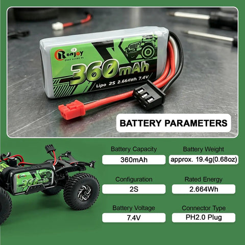 Two Pack 7.4V 360mAh LiPo Battery 2S With PH2.0 Plug And Aluminum Side Plate For RC Cars And Crawlers, packaging details.