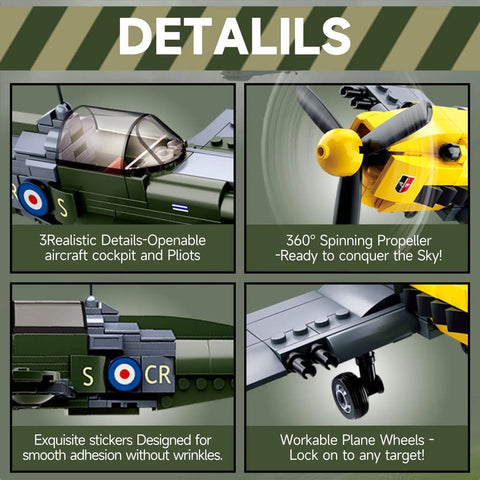 World War II Spitfire And BF109 1 To 32 Scale Building Block Set 2 In 1 Dual Model With Spinning Propeller Open Cockpit Detail