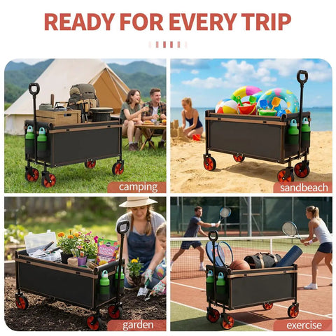 All Terrain Collapsible Wagon Cart With 220 Lb Load Capacity used in camping, beach, garden, and sports events.