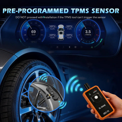 Preprogrammed 315MHz TPMS Tire Pressure Monitor Sensor Fits GM Cars displayed with dashboard pressure readings and tire sensor.