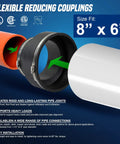 Heavy Duty Flex Pipe Reducing Coupling Six To Four Inch With Stainless Steel Worm Drive Clamps joins 8" x 6" pipes for drainage.