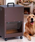 Rock Solid Gravity Dog Food Dispenser For Large Breed Pups 45 Lb Capacity weather resistant galvanized metal with clear viewing window and wheels.