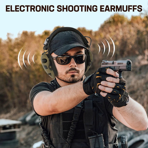 Person wearing electronic ear protection for shooting with 5X sound amplification and active hearing protection for gun range