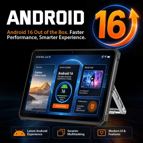 Built Like A Tank 5G Rugged Tablet With Android 16 And Massive 20080Mah Battery Featuring 11 Inch Waterproof Screen showing Android 16 interface.