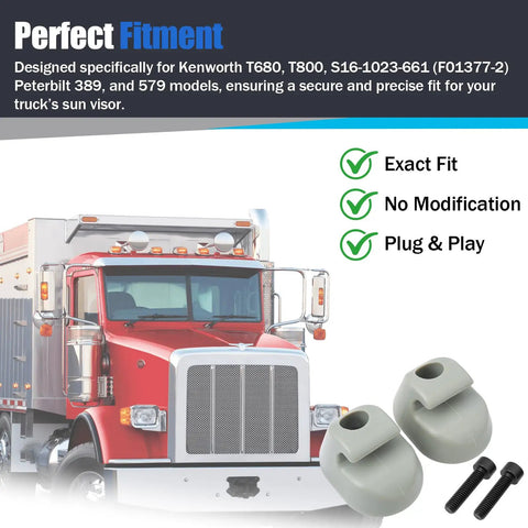 Sun Visor Clip For Heavy Trucks Fits T680 T800 S16-1023-661 F01377-2 And 389 579 Models with screws shown on a truck background
