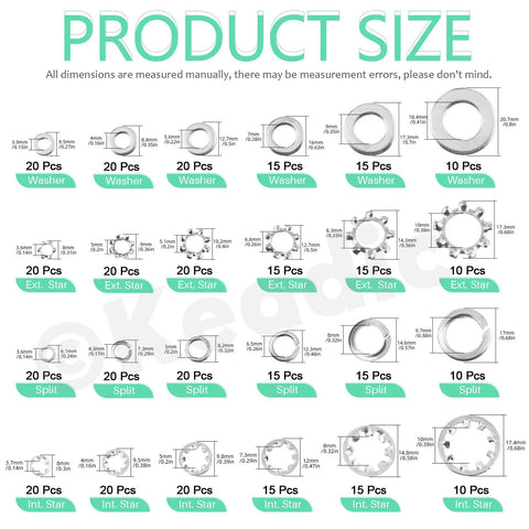 Massive 400 Piece Washer Set Kit With Split Lock Washers, External And Internal Star Washers, And Flat Washers In Sturdy 304 Stainless Steel, Imperial Sizes Six, Eight, Ten And One Quarter, Five Sixteenths, Three Eighths Inch. size chart