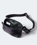 Open Everywhere Two Way Zipper Fanny Pack Nylon Waist Bag For Women Black with adjustable strap and mesh pockets.