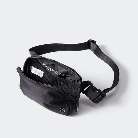 Open Everywhere Two Way Zipper Fanny Pack Nylon Waist Bag For Women Black with adjustable strap and mesh pockets.
