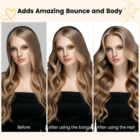 Before and after photos showing hair transformation using Upgraded 2.3inch Round Volumizing Brush Attachment For Dyson Airwrap.